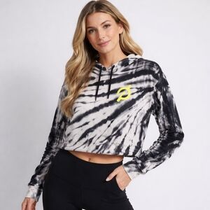 Peloton Black White Tie-Dye Cropped Hoodie with Neon Yellow Logo